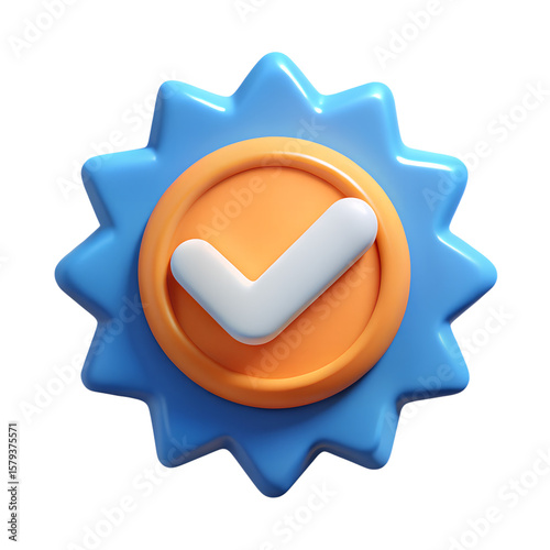 A blue star badge with an orange circle and a white checkmark isolated on transparent background