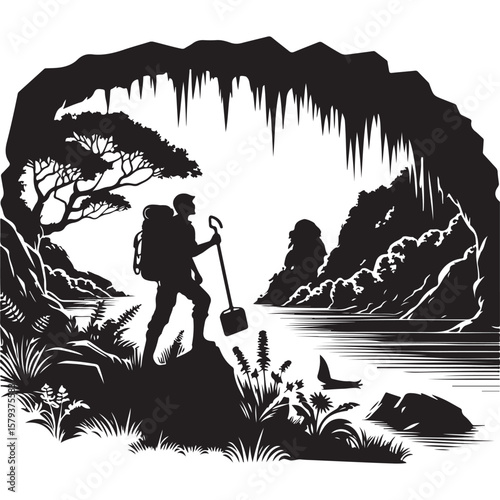Caving Adventure Silhouette Illustration with Explorer and Cave