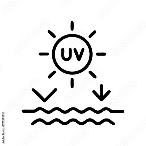 Illustration of uv radiation from the sun reflecting off water with wave patterns in a simple outline