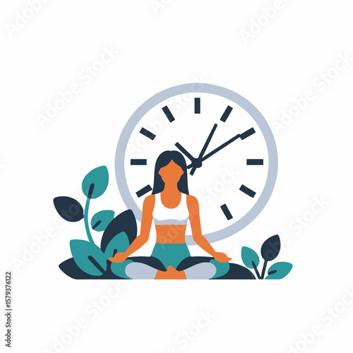 Mindfulness Meditation and Time Management- Find Peace & Balance- Woman Meditating with Clock Background- Reduce Stress with Focused Breathing Techniques