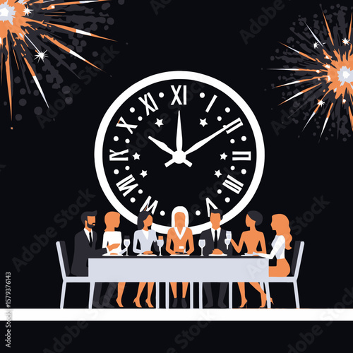 New Year's Eve Celebration with Friends-Festive Dinner Party with Fireworks and Clock Countdown-Enjoying the Holiday Together-New Year Eve Vector illustration-Cheers to 2024