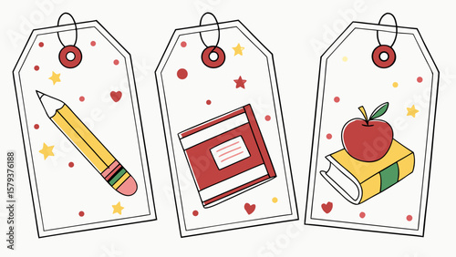 Three decorative gift tags featuring school supplies like a pencil a book and an apple on a book adorned with colorful dots and stars perfect for back to school