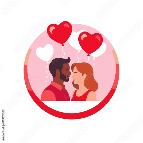 Romantic Valentine's Day Illustration - Couple Gazing with Heart Balloons - Love and Affection Design - Celebrate Relationships - Ideal for Greeting Cards-Social Media Graphics