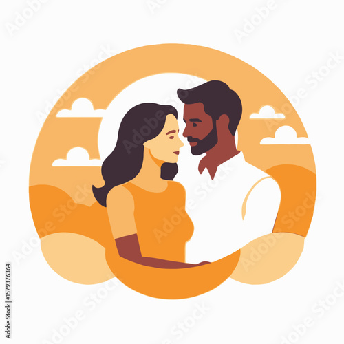 Romantic Couple Illustration - Diverse Love - Couple Gazing - Golden Hour Romance - Relationship Goals - Intimate Moment - Sweet Embrace - Soulmates Connected