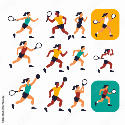 Tennis Player Icons Set- Diverse Cartoon Characters Playing Tennis- Sport and Fitness Vector Illustration- Tennis Graphics for Web and Design