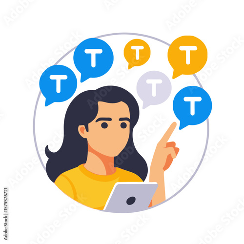 Woman using Tablet with Speech Bubbles - Communication Concept - Social Media Engagement - Digital Marketing for Translation Services - Global Communication