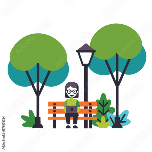 Woman working on laptop in park illustration - Girl on bench under trees - Freelancer enjoying nature - Vector design for websites and graphics_