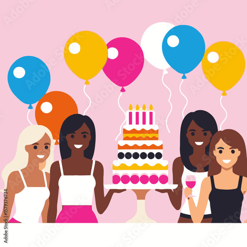 Women Celebrating Birthday with Cake and Balloons-Colorful Illustration of Girlfriends at Party-Happy Birthday Celebration with Friends-Fun Birthday Party Scene