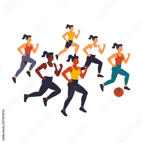 Women's Basketball Team in Action- Diverse Athletes Running with a Basketball- Sports and Fitness Graphic- Healthy Lifestyle and Teamwork Concept- Active Women Training