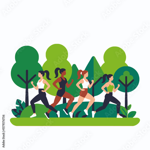 Women Running Together in Nature- Group of Female Athletes Jogging Outdoors- Fitness and Healthy Lifestyle- Cardio Workout in the Park- Diverse Runners Training