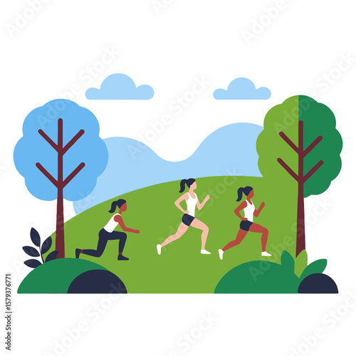 Women's Outdoor Fitness Illustration-Group of Diverse Runners Exercising in Nature-Healthy Lifestyle and Wellness-Cartoon Graphic for Fitness Content-Park Workout Scene