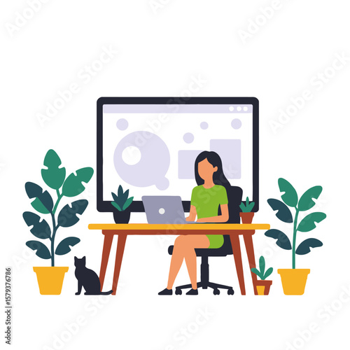 Work From Home Illustration-Woman at Desk with Laptop-Cat and Plants-Modern Home Office-Remote Work Lifestyle-Digital Nomad-Freelance Life