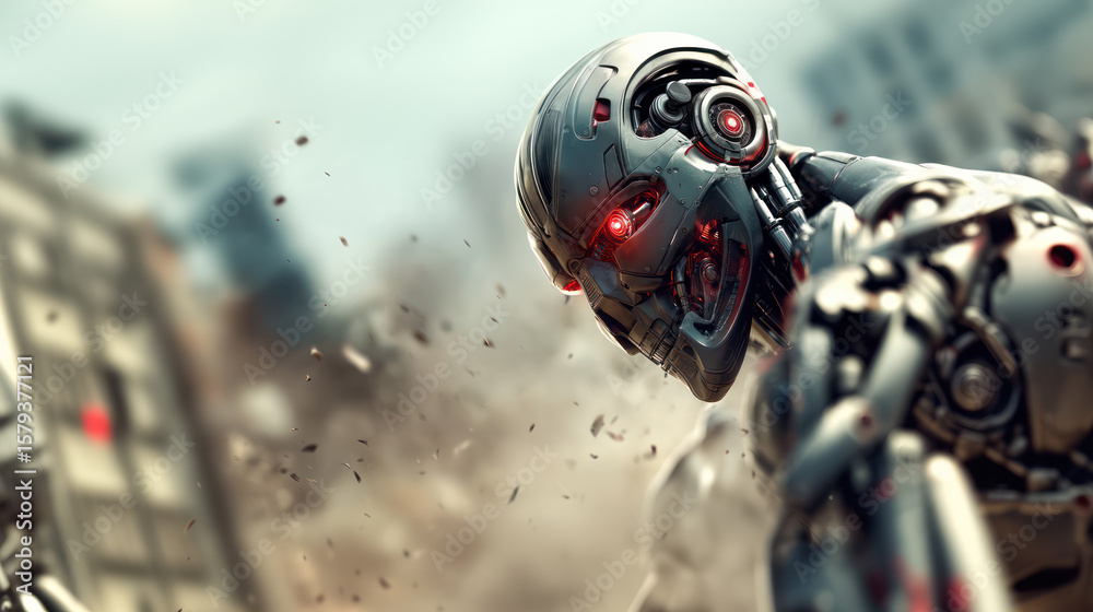 Fototapeta premium Metal cyborg robot after a battle, dystopian post-nuclear war scenery