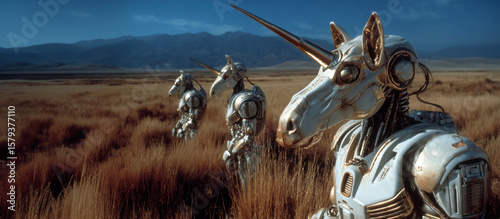 Post-apocalyptic metal cyborg unicorns chain searching the field for humans who are still alive. Punitive expedition