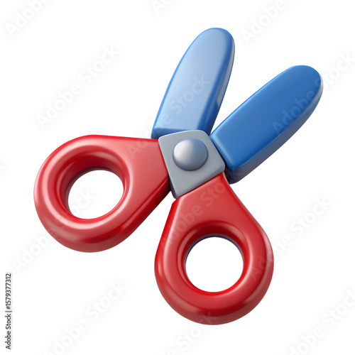 A pair of red and blue 3d scissors with metal pivot isolated on transparent background