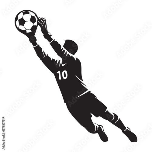 Goalie Catching the Soccer Ball Vector Black and White Image