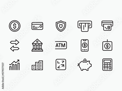 Finance Icons Set: A collection of 16 minimalist line icons related to finance, banking, and money management.  Perfect for websites, apps, and presentations. 