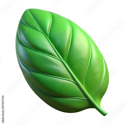A vibrant green leaf with prominent veins is isolated on a plain transparent background