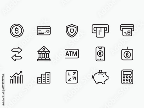 Financial Icon Set: A comprehensive set of financial icons, meticulously designed to represent various aspects of finance and banking in a clear and concise manner.