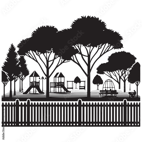 Neighborhood Park Silhouette Illustration with Playground and Trees
