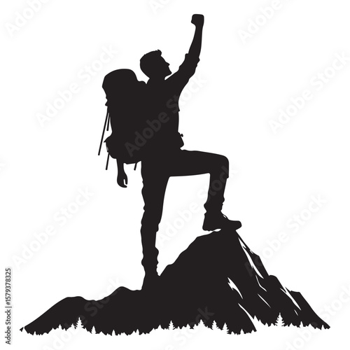 Silhouette of a Mountain Climber Reaching the Summit of Success