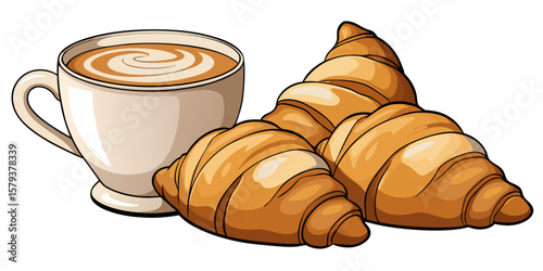 Fresh hot croissant and coffee breakfast with pastry