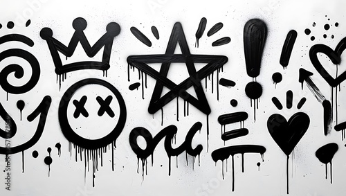 Black Spray Paint Graffiti Art Wall Symbols Crown Star Heart
