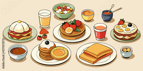 Diverse food and drink icons featuring coffee cups, tea, milk, cake, bread, cheese, hamburger, sandwich, and dessert for restaurant meal illustrations