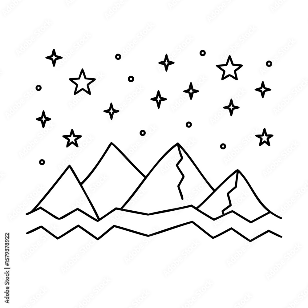 Fototapeta premium Line art mountains stars dots in the night sky vector