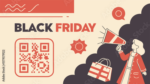 Black friday sale announcement with a woman holding a megaphone a qr code for scanning and a shopping bag promoting discounts and offers