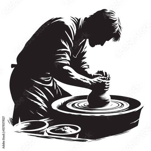 Artisan Potter Skillfully Crafting Clay on Wheel in Silhouette