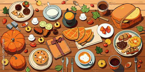 Seamless pattern with delicious food: sweets, Easter eggs, pizza, and salad on a plate for a delightful meal