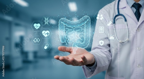 Doctor Holding Digital Human Intestines, Medical Innovation Concept, Healthcare, Modern Technology.