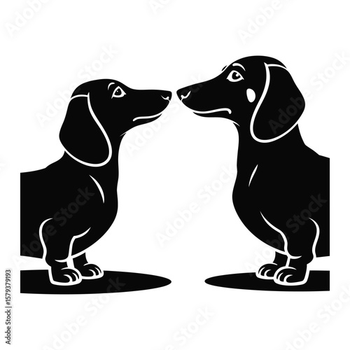 Black silhouette vector of two dachshunds sniffing each other nose to nose, isolated on white background