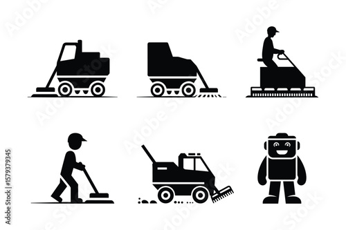 Black silhouette icons of cleaning machines and a robot vehicle