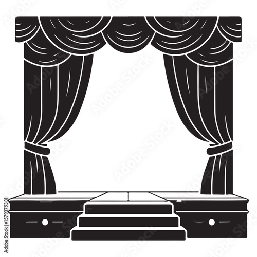 Theatrical Stage Silhouette with Elegant Curtains and Staircase