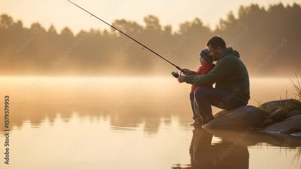 Father and son fishing at sunrise on a calm lake peaceful and serene outdoor activity family bonding Father and son fishing at sunrise on a calm lake peaceful and serene outdoor activity family bonding