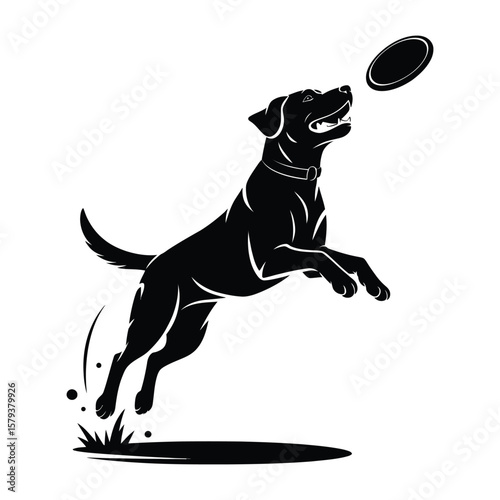 Clean vector illustration of leaping Labrador silhouette joyfully chasing frisbee in dynamic black and white style