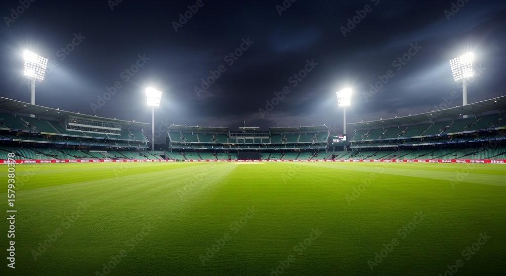 Empty green cricket stadium at night illuminated by bright floodlights with dark cloudy sky Empty green cricket stadium at night illuminated by bright floodlights with dark cloudy sky