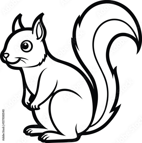 Cute squirrel cartoon coloring page for kids. Black and white line art vector illustration of a forest animal. Isolated outline drawing for a children's coloring book or activity sheet.