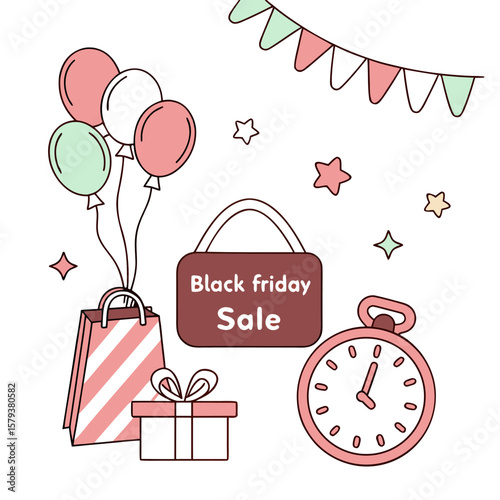 Festive black friday sale illustration featuring balloons gift box shopping bag bunting stars and a pocket watch indicating time for shopping