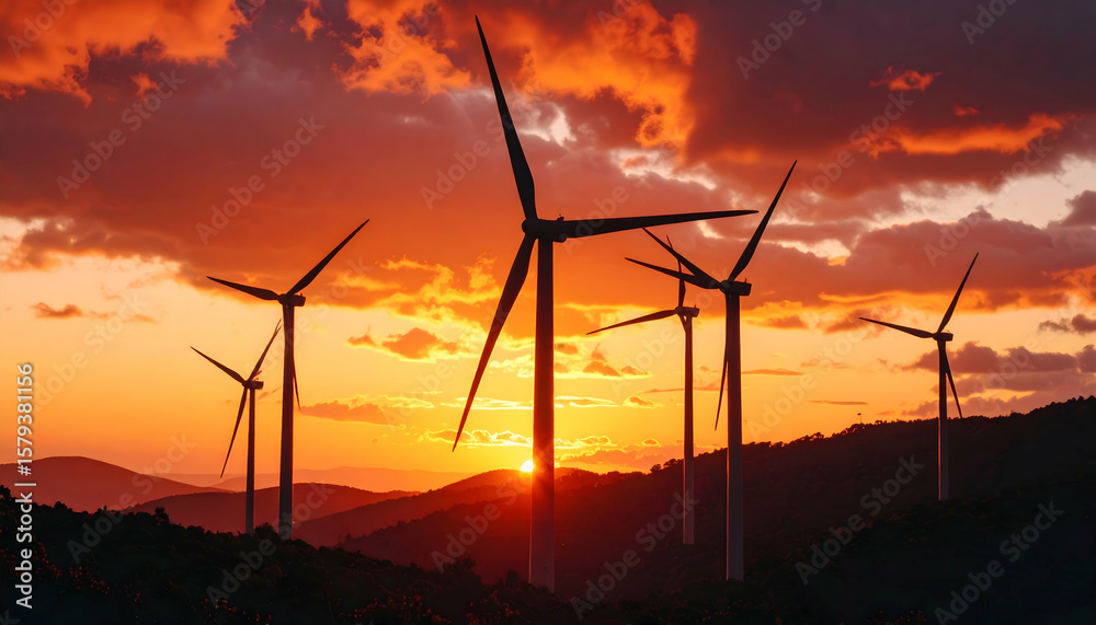 Obraz premium Wind Turbines Silhouetted Against Vibrant Orange Sky at Sunset Over Hills