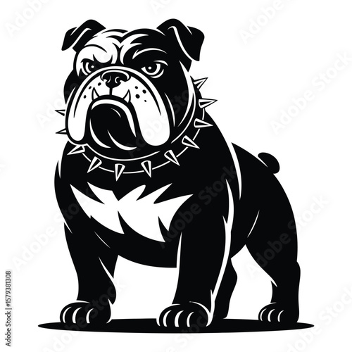 Silhouette vector of bulldog in tough stance wearing spiked collar, isolated in bold black and white style