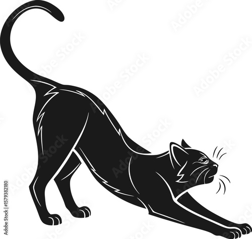 Elegant black cat stretching its body with its tail curved upwards silhouette