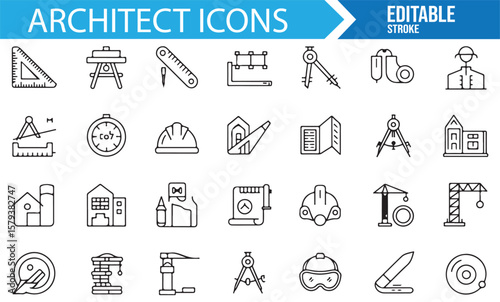 Various architect icons representing design and construction tools.