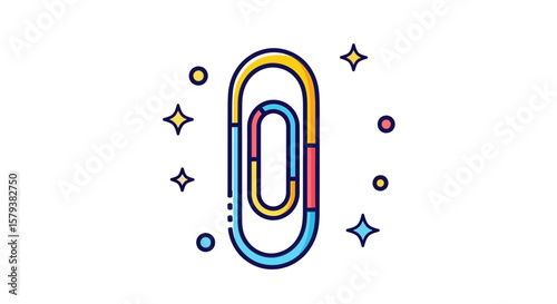 Colorful illustration of a paperclip with decorative sparkle effects, isolated on white.