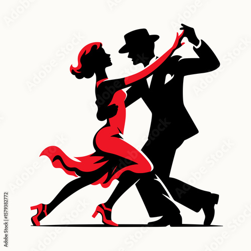 Silhouette of dancing couple in red and black elegant style