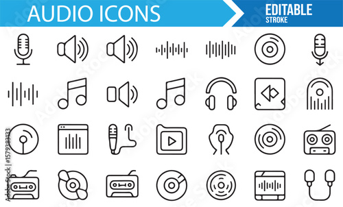 A collection of audio icons featuring sound, music, and recording devices. Perfect for audio, media, and music-related projects.