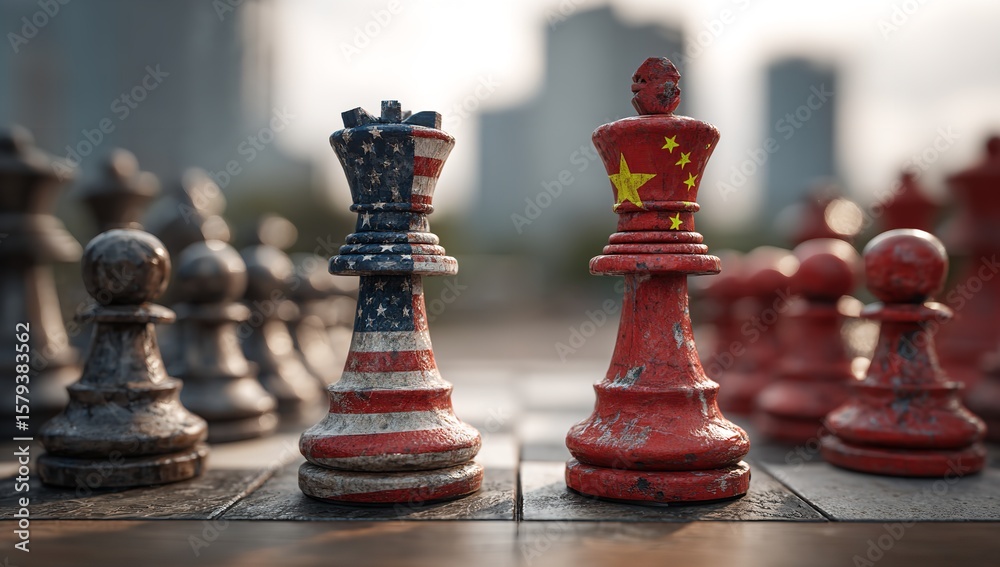 Fototapeta premium Symbolic Chess Game of USA vs China with Kings Highlighting Economic Rivalry, Urban Scene in Background