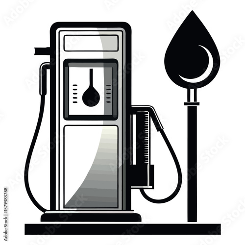 Stylized black and white illustration of a vintage gas pump with a fuel drop symbol isolated on white background